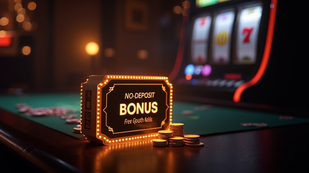 No-Deposit-Bonus mit Freispielticket vor dunkler Casino-Kulisse