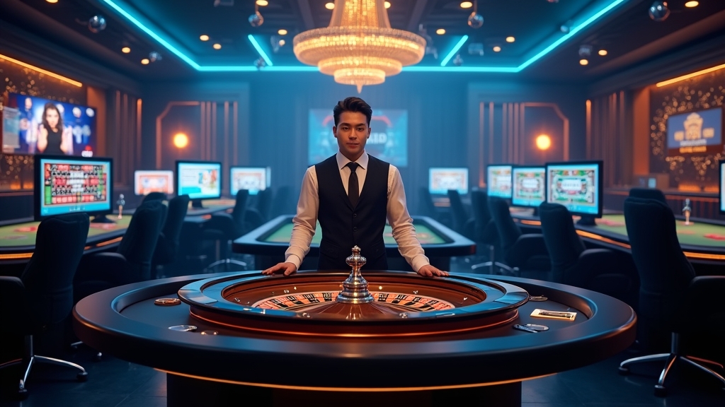 Live-Dealer am Tisch in einem modernen Casino-Studio mit Kameras