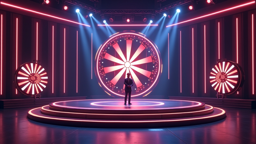 Bunte Live-Show-Bühne mit Moderator und Glücksrad im Casino-Studio