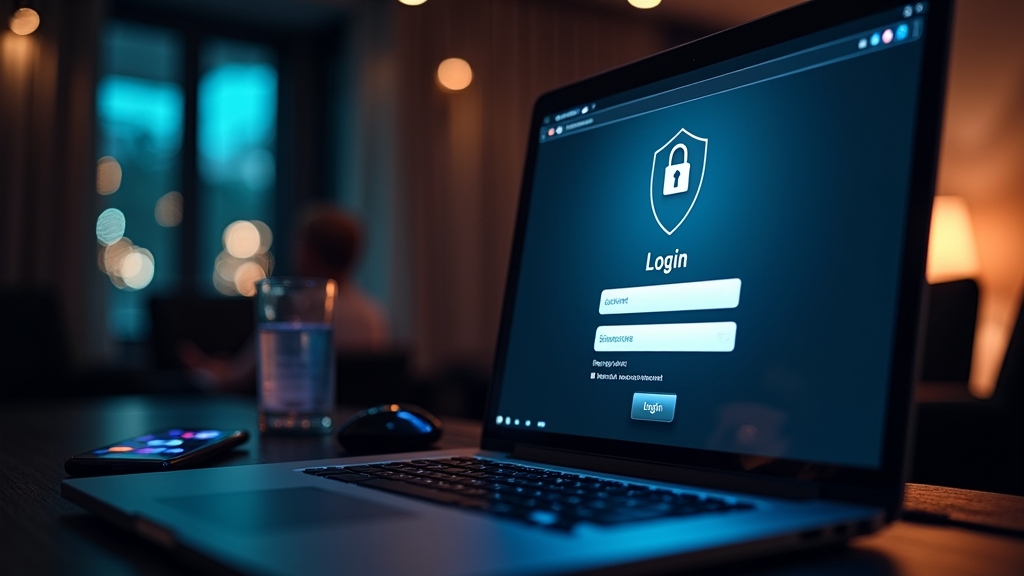 Dunkle Casino-Szene mit Login-Bildschirm auf Smartphone und Desktop