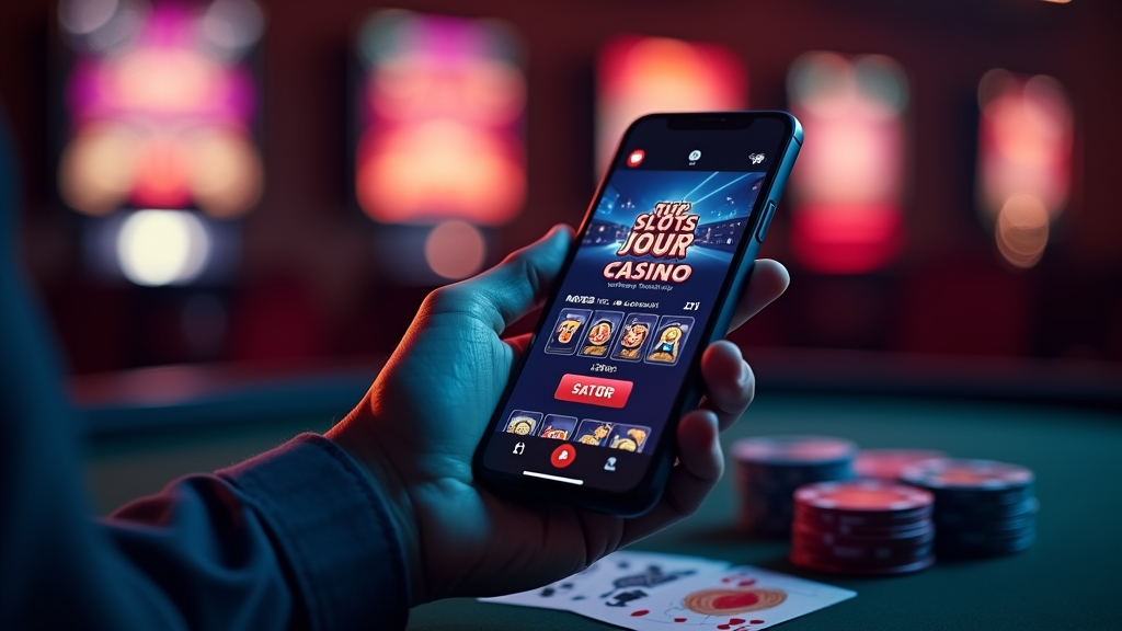 Mobiler Casino-Bildschirm auf einem Smartphone in dunkler Lounge-Atmosphäre