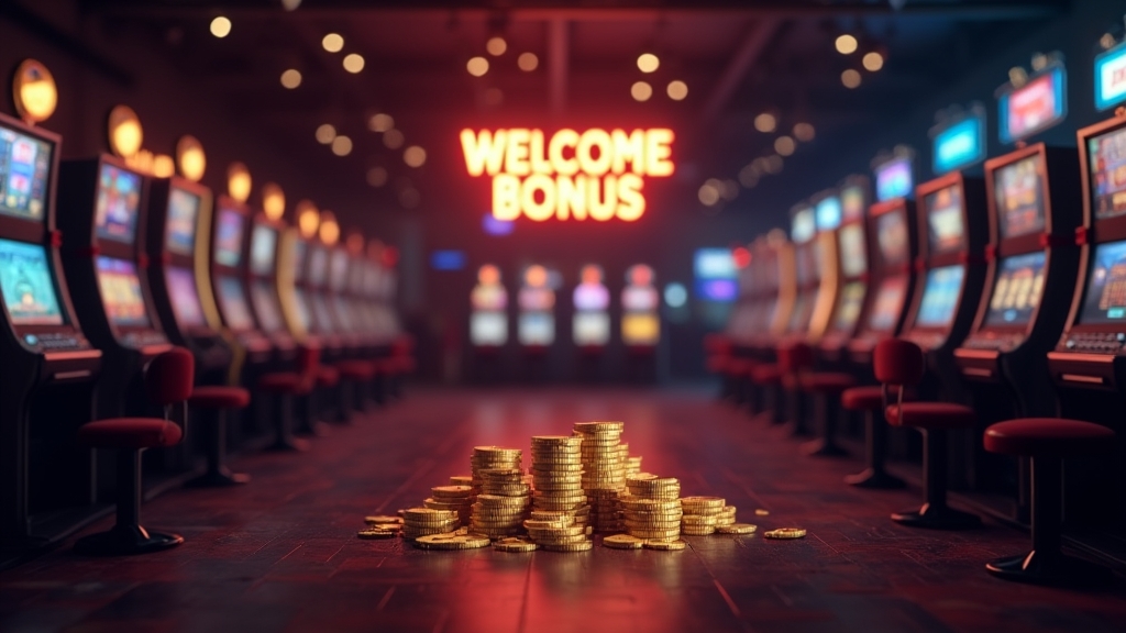 Dunkle Casino-Szene mit Willkommensbonus, Freispielsymbolen und goldenen Chips